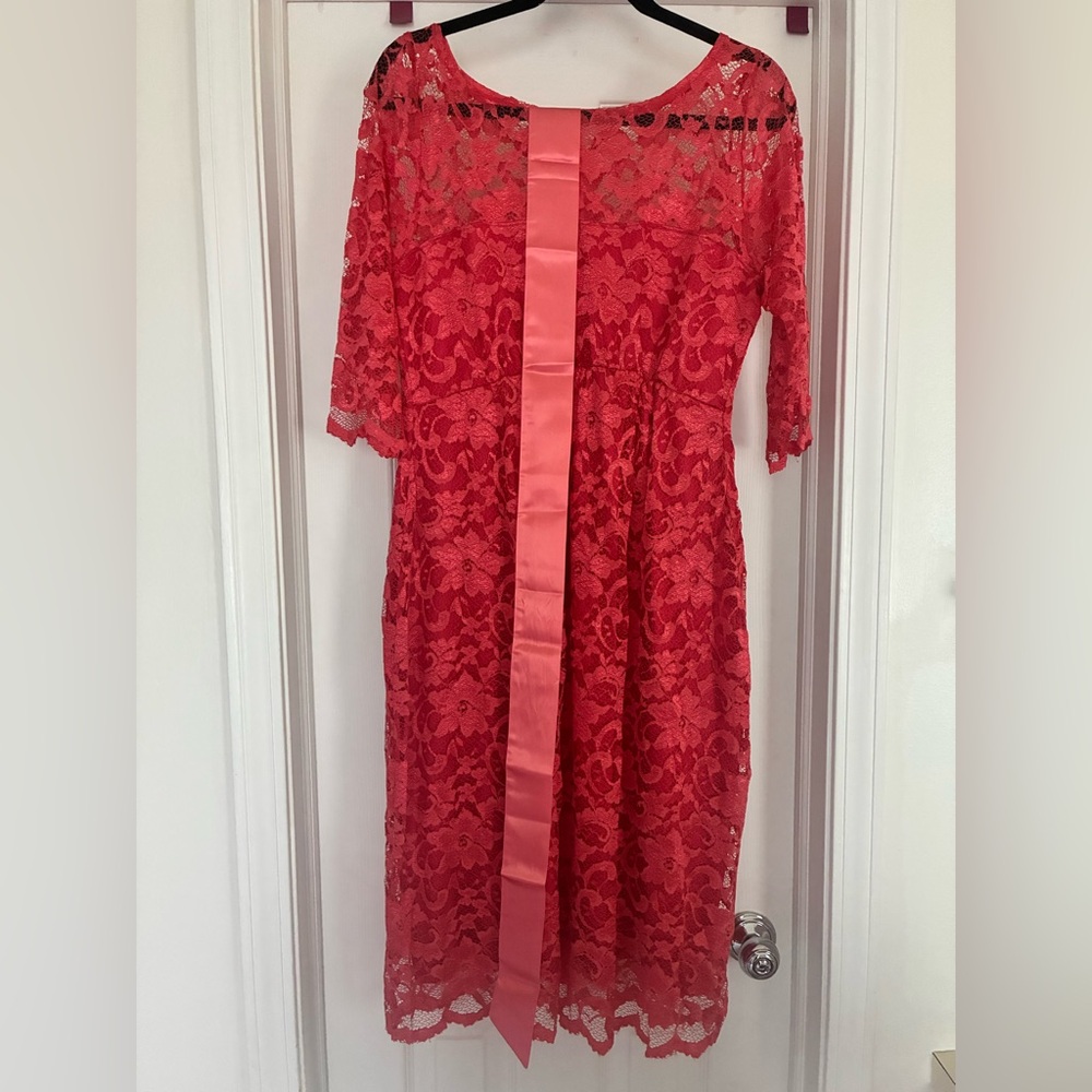 Elegant Tiffany Rose, Coral Lace Maternity Dress with Sash